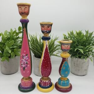 Hand Painted Vintage Wisemen 3pc Wooden Multicolor Candle Holder Set